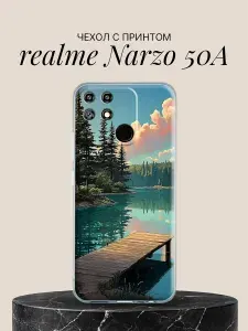 Чехол на realme Narzo 50A с принтом Озеро в хвойном лесу