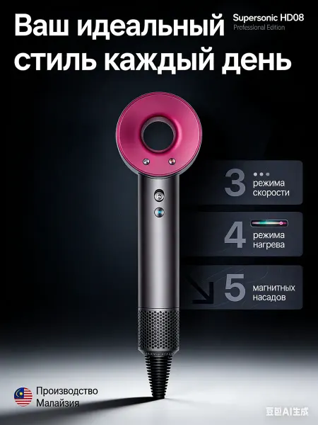 Top Store Фен для волос профессиональный маленький с насадками 5в1