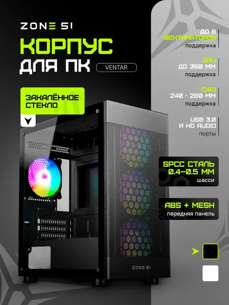 Zone 51 Корпус для пк с вентиляторами Ventar