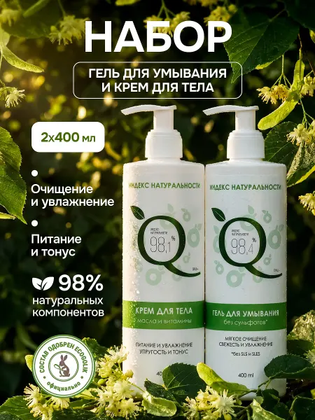 Индекс Натуральности Гель для умывания и крем для тела, косметический набор