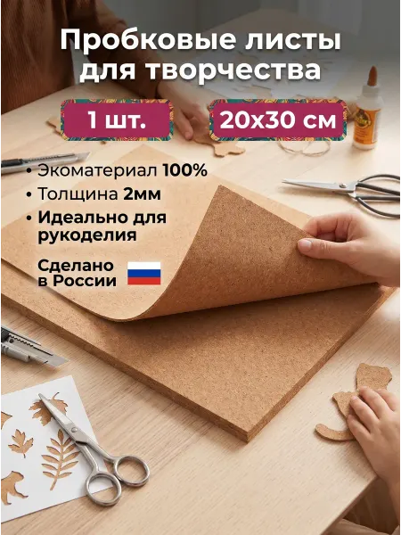 Пробковая подложка, 2 мм, 1 лист 20х30 см
