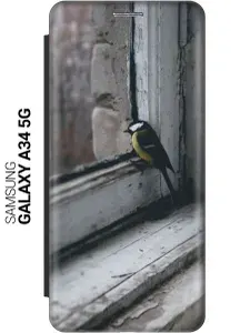 Чехол-книжка на Samsung Galaxy A34 5G / Самсунг А34 c принтом "Птичка на окне" черный