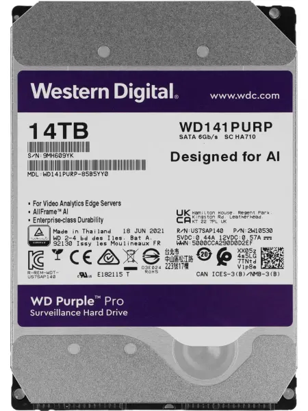 WD Жесткий диск 14TB WD141PURP Purple Pro для видеонаблюдения