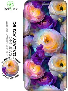Чехол-книжка на Samsung Galaxy A73 5G с принтом "Кружева из ранункулюсов" золотой