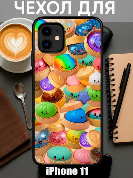 Чехол на iPhone 11 с принтом дамплинг пельмешки коллаж