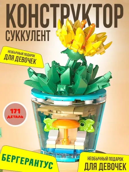 A & B TOYS Конструктор Цветок суккулент в горшке с домиком и котик