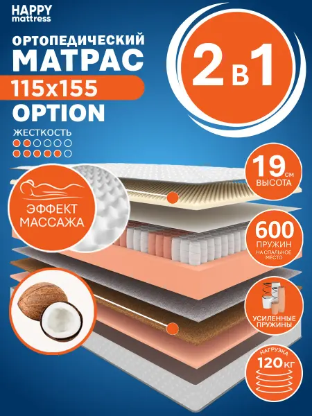 HAPPY MATTRESS Матрас HAPPY OPTION 115х155 см пружинный ортопедический