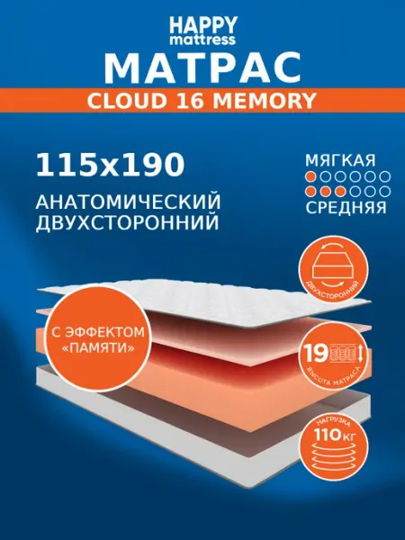 HAPPY MATTRESS Матрас 115х190 см беспружинный ортопедический на кровать