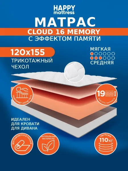 HAPPY MATTRESS Матрас CLOUD 16 VOLUME KNIT 120х155 см ортопедический