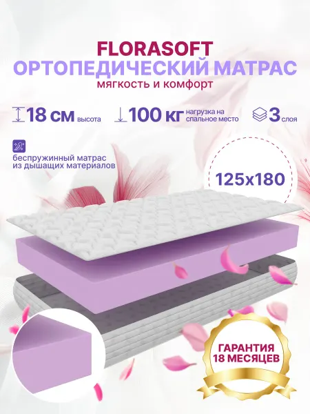 FLORASOFT Матрас 125х180 на кровать беспружинный ортопедический