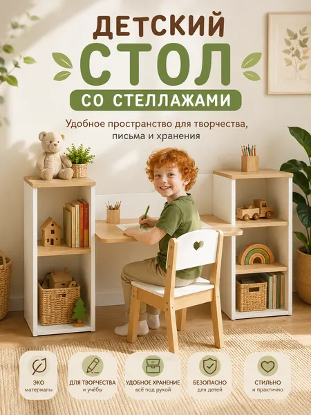 Стол детский со стеллажами белый, дуб сонома
