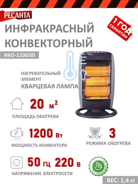 РЕСАНТА Инфракрасный обогреватель ИКО-1200ЛП 1200Вт для дома дачи