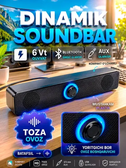 Саундбар Bluetooth 6Вт для ПК, смартфона, телевизора и ноутбука, USB AUX, стереоколонки