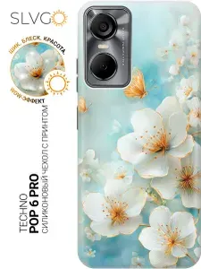 Силиконовый чехол на Tecno Pop 6 Pro с принтом Цветы, бабочки, золото, trn