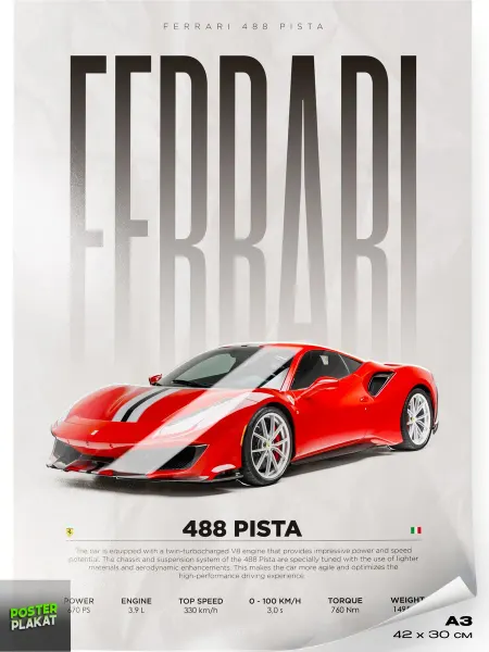 Постер Плакат Постер на стену с машиной Ferrari 488 Pista Феррари А3