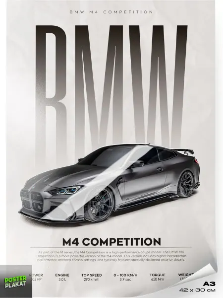 Постер Плакат Постер на стену с машиной BMW M4 Competition БМВ А3