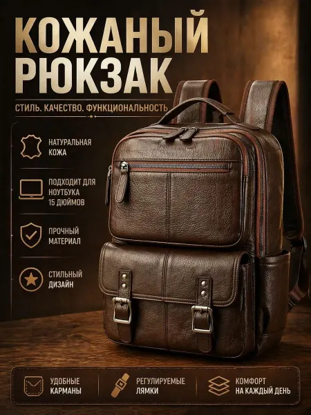 BRUONO Рюкзак городской натуральная кожа, коричневый, для ноутбука
