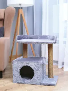 Когтеточка для кошек с домиком и лежанкой КОТ-Е "Cosy" 60 см, мех, джут, серый