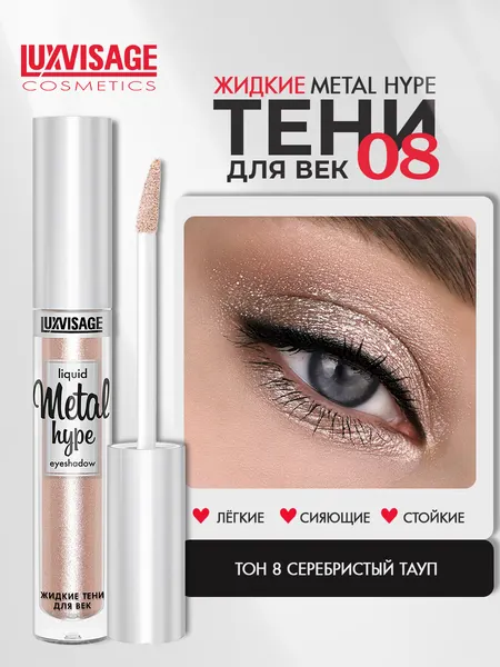 Тени для век жидкие LUXVISAGE METAL HYPE сияющие тон 8 Серебристый тауп
