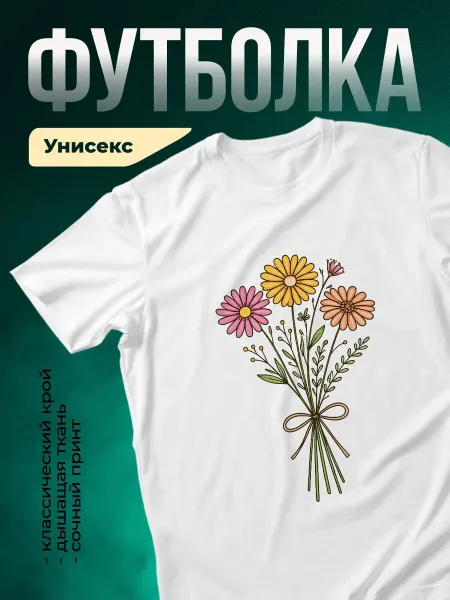 КлассныеШтучки Футболка белая цветочный принт букет ромашек подарок