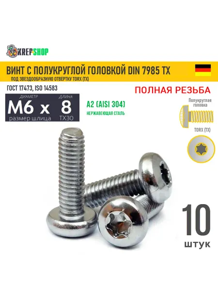 Schafer+Peters GmbH Винт п кр M6х8 под TX30 нерж. А2 DIN 7985 TORX, 10 шт