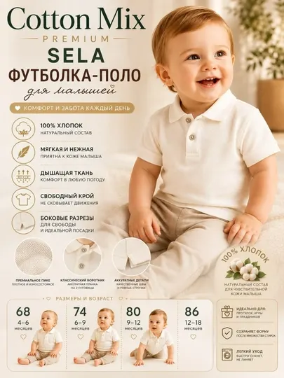 Футболка-поло для малышей, молочная, 100% хлопок, размеры 68–86