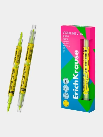 Двухсторонний текстмаркер ErichKrause Visioline V-16 Brush Neon, цвет чернил желтый 60794