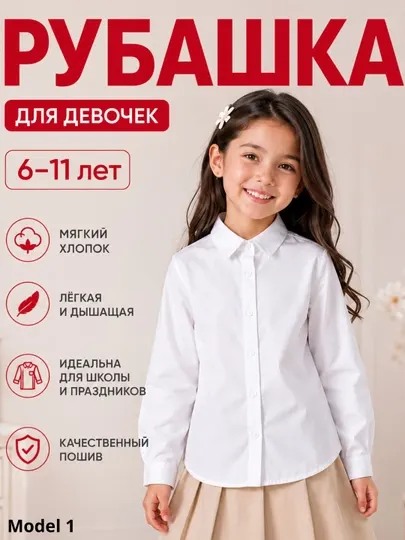 Белая школьная рубашка для девочек, с длинным рукавом, 6–11 лет