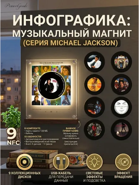Музыкальный магнит на холодильник майкл джексон 9 шт