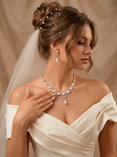 DESIGNER JEWERLY Набор украшений колье и серьги с жемчугом, набор свадебный