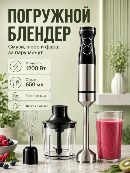 VELGIO Блендер погружной 4 в 1 с измельчителем и венчиком