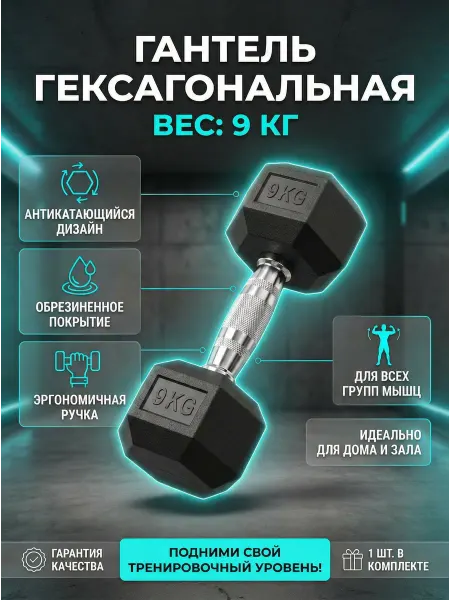 HURRICANE Гантель для спорта и фитнеса гексагональная 9 кг 1 штука