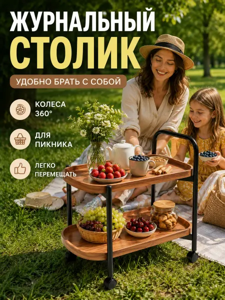Журнальный столик с полкой на колесиках для дома 68х56см