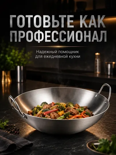 Сковорода-WOK из нержавеющей стали с двумя ручками – для жарки, тушения и запекания