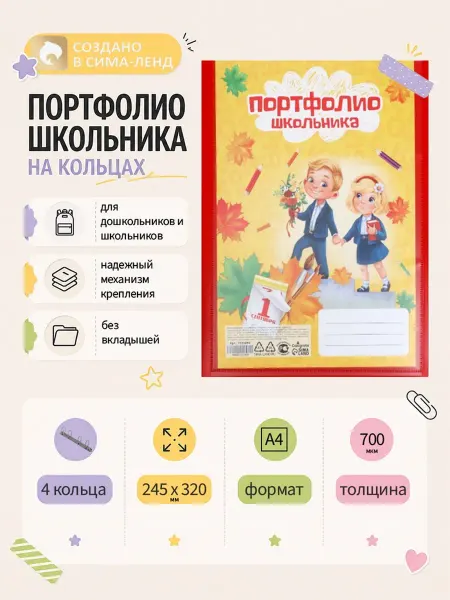 Папка-портфолио А4 пластиковая с 4 кольцами для школьника