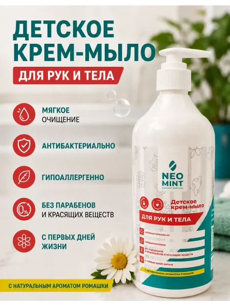 NEO MINT Детское крем-мыло для рук и тела, гипоаллергенное, с ромашко…