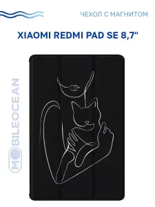 Чехол для Xiaomi Redmi Pad SE 8.7" с рисунком, с магнитом, черный с принтом ДЕВУШКА С КОШКОЙ / Ксиоми Редми Пад SE