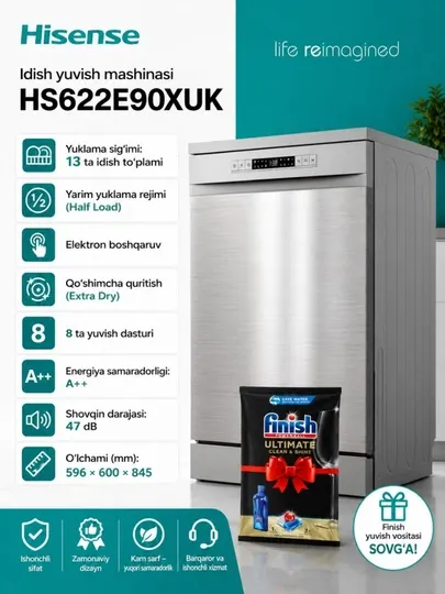 Hisense HS622E90BUK / HS622E90XUK современная отдельно стоящая посудомоечная машина