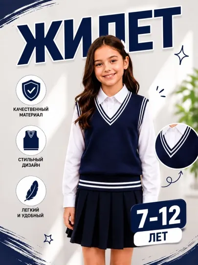 Школьный жилет для девочек, темно-синий, из костюмной ткани, 7–12 лет