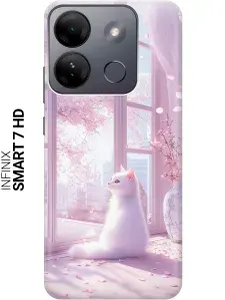 Силиконовый чехол на Infinix Smart 7 HD с принтом "Белый котик и сакура"