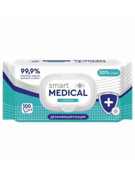 SMART MEDICAL Дезинфицирующие салфетки спиртовые 100 штук крышка-клапан, 7…
