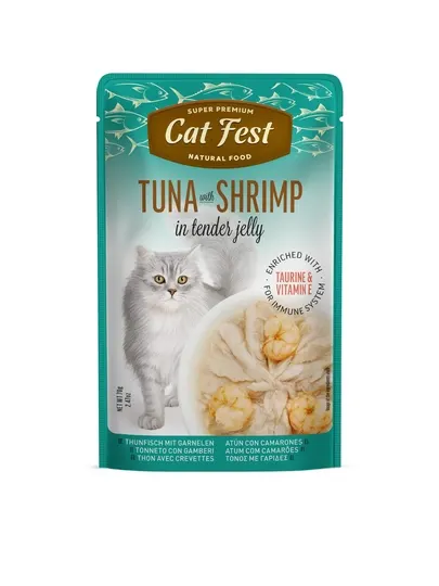 Влажный корм для кошек, Cat Fest, тунец с креветками в желе, 70 г