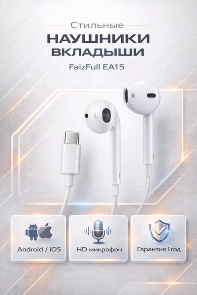 FaizFull Наушники проводные вкладыши Type-C FaizFull EA15 с микрофоном
