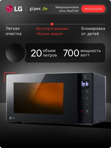 LG Микроволновая печь NeoChef MS2032GAS, 20 л, 700 Вт, Черная