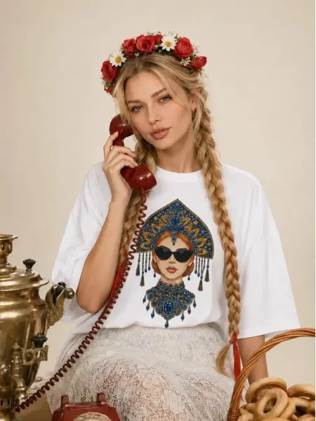 Sammo&cotton Футболка оверсайз с принтом Девушка в кокошнике