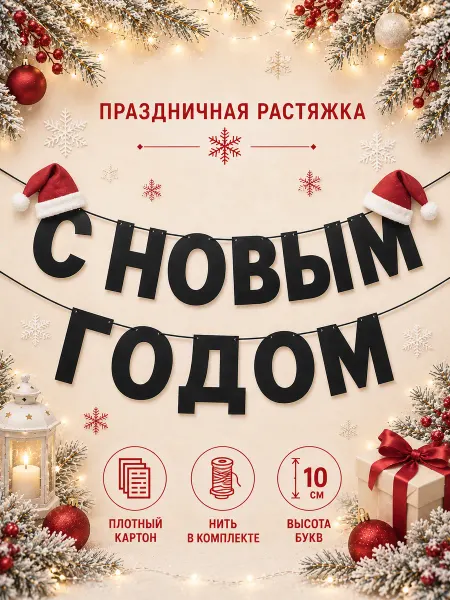Мастерская эмоций С Новым Годом растяжка гирлянда новогодняя шапка колпак