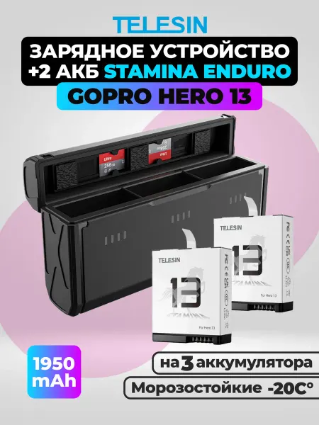 Flife Зарядное устройство Telesin + 2 аккумулятора для GoPro 13