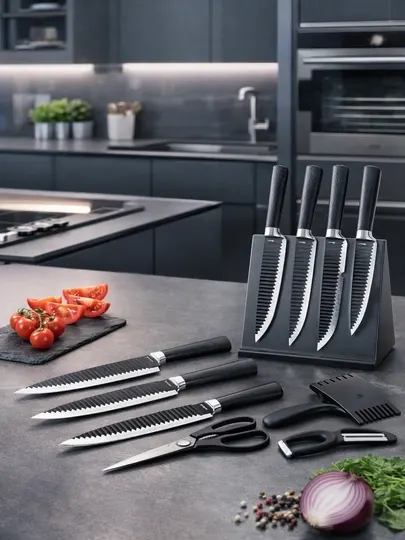 Кухонный набор ножей HEESEN 7в1 — острые серрейторные ножи, полный комплект для кухни