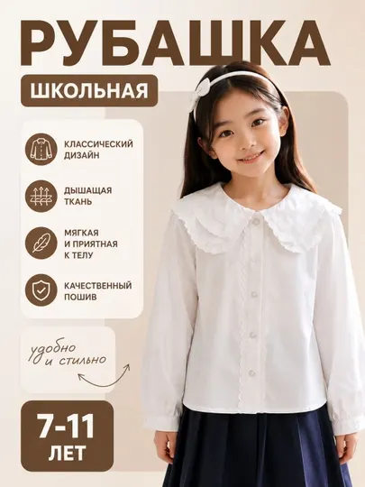 Белая школьная рубашка для девочек, с длинным рукавом и кружевным воротником, 7–11 лет