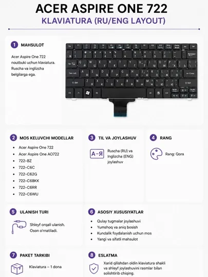 Клавиатура для ноутбука Acer Aspire One 722
